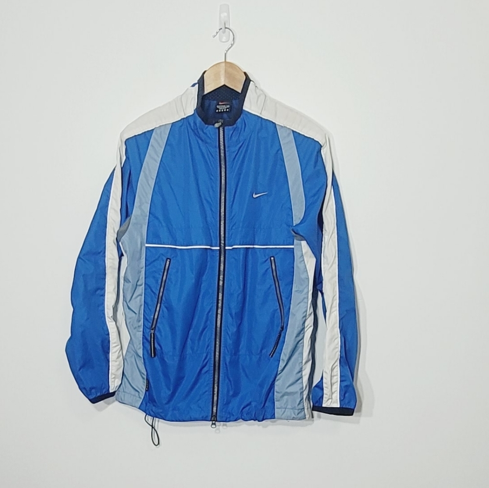 Nike Blue Windbreaker Track Jacket Two Way Front Zipper Pockets Adjustable Waist